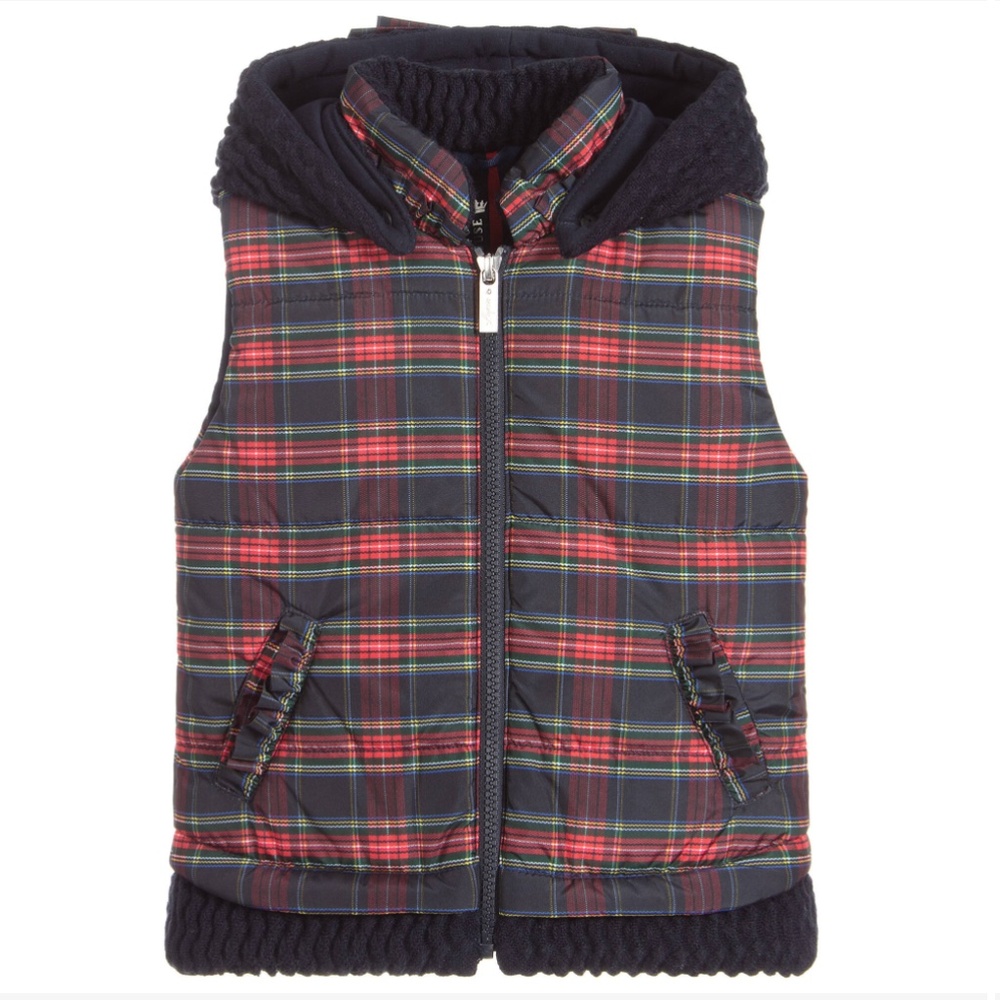 Lapin House Red and Blue hooded tartan gilet 7yo